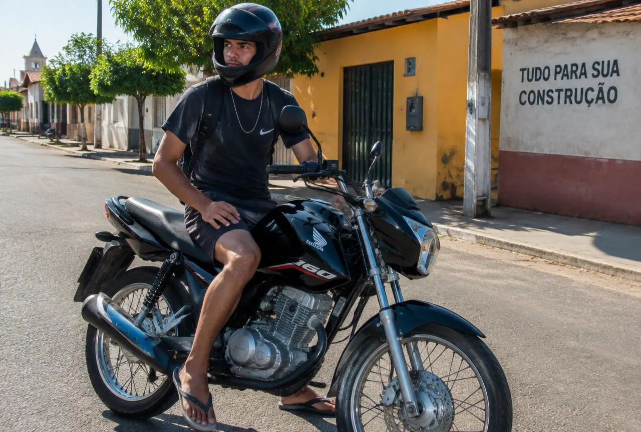 Motociclista com capacete em sua moto em rua de Santa Inês protegido pelo seguro de moto da Dames